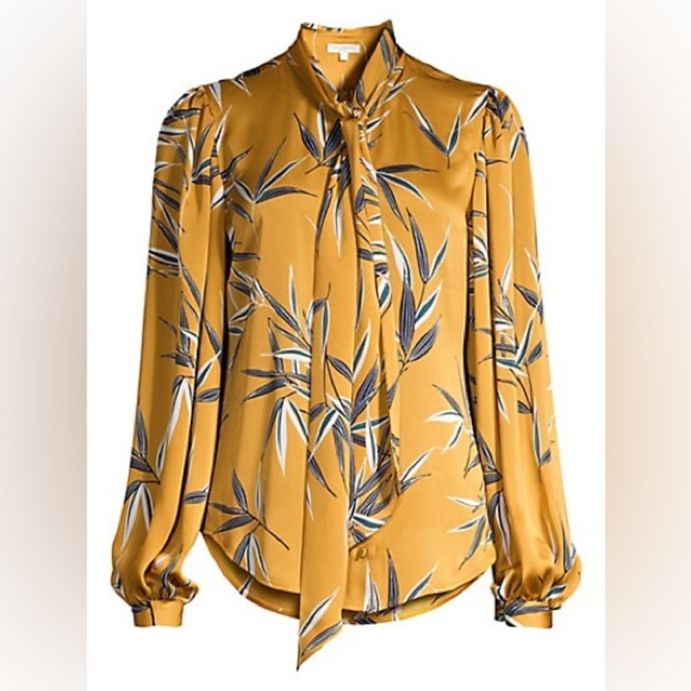 NWT Equipment Cleone Palm-print neck-tie blouse, ocre, size S
